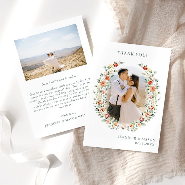 Boho brände orange blomkrans Bröllop Photo Tack Kort (Skapare uppladdad)