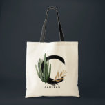 Boho Brev C Monogram Tropical Cactus Watercolor Tygkasse<br><div class="desc">Anpassade brev C-monogram till väska med vattenfärgsakturer,  faux guld foil löv och svarta vattenfärgshålstensaccenter. Anpassa det tropiska monogrammet till väskan genom att lägga till ditt namn eller annan information. Den här boho brev C-monogrammet till väskan blir perfekt som gåva. Andra brev finns tillgängliga.</div>