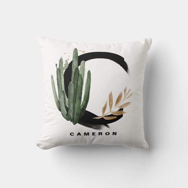 Boho Brev C Monogram Tropical Watercolor Cactus Kudde (Framsida)
