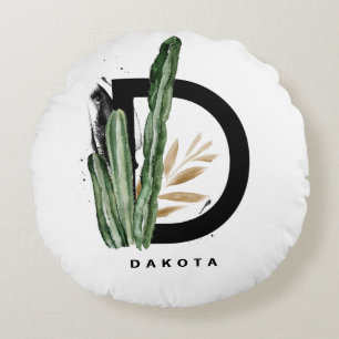 Boho Brev D Monogram Tropical Cactus Monogram Rund Kudde