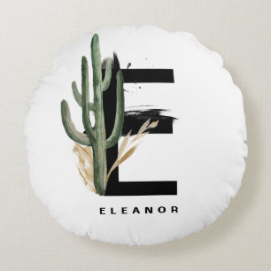 Boho Brev E Monogram   Tropical Cactus Monogram Rund Kudde