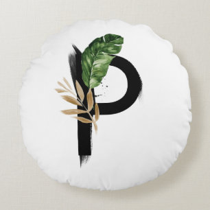 Boho Brev P Monogram Handflatan Löv Tropical Rund Kudde