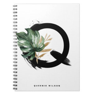 Boho Brev Q Monogram Tropical Monstera Löv Anteckningsbok