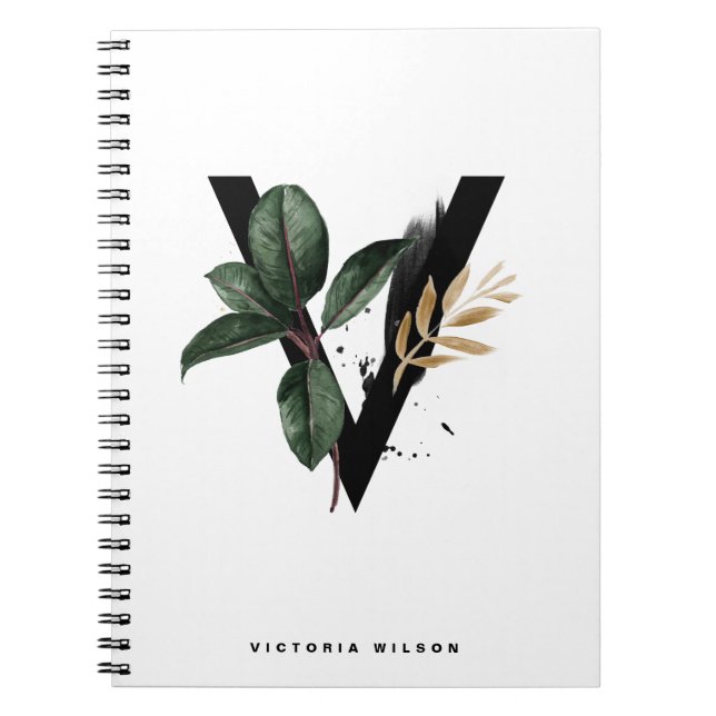 Boho Brev V Monogram Watercolor Tropical Löv Anteckningsbok (Framsidan)