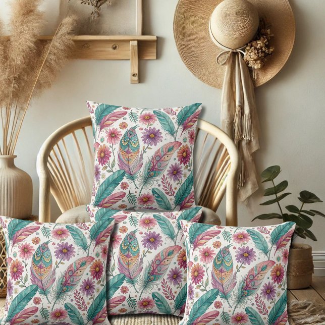 Boho Bright Feathers Dekorativ kudde (Skapare uppladdad)