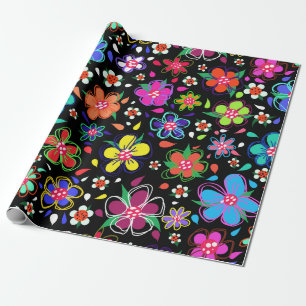Boho Bright Flowers on Black Valfri Tillfälle Presentpapper