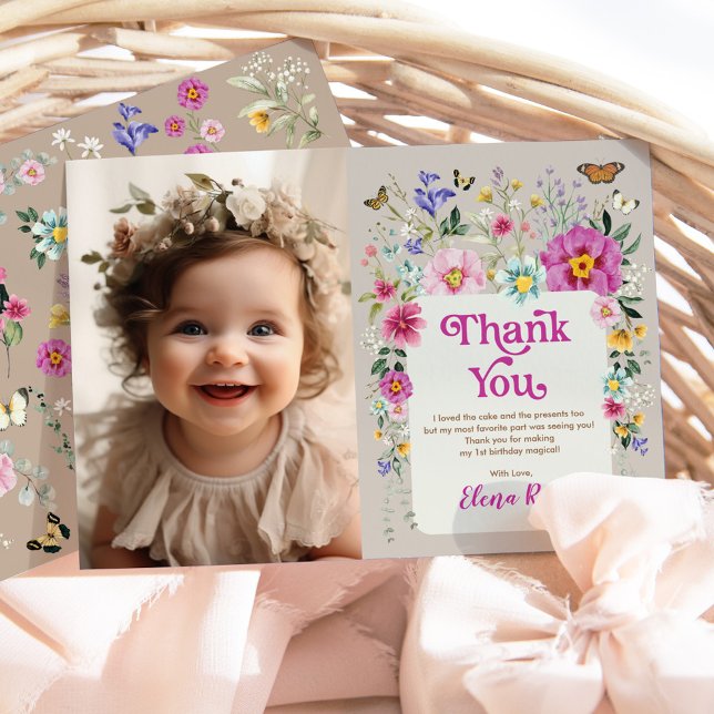 Boho Bright Flowers Vild 1 Birthday Photo Tack Kort (Skapare uppladdad)