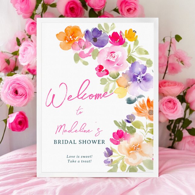 Boho bright rosa blommigt möhippa Welcome Poster (Boho bright pink floral bridal shower welcome poster)