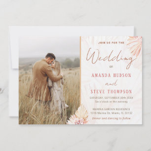 Boho Bröllop Bohemian Pampas Grass Couple Photo Inbjudningar