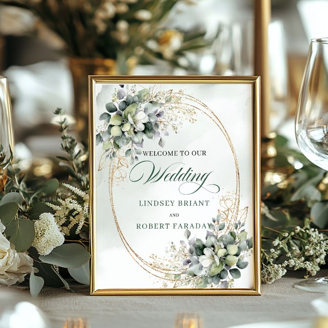 Boho bröllop bordsskylt välkomstskylt dammig grön  poster (Boho Wedding Tabletop Welcome Sign Dusty Green Eucalyptus)