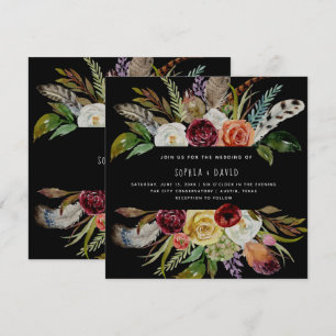 Boho Bröllop Burgundy och Orange Flowers on Black Inbjudningar