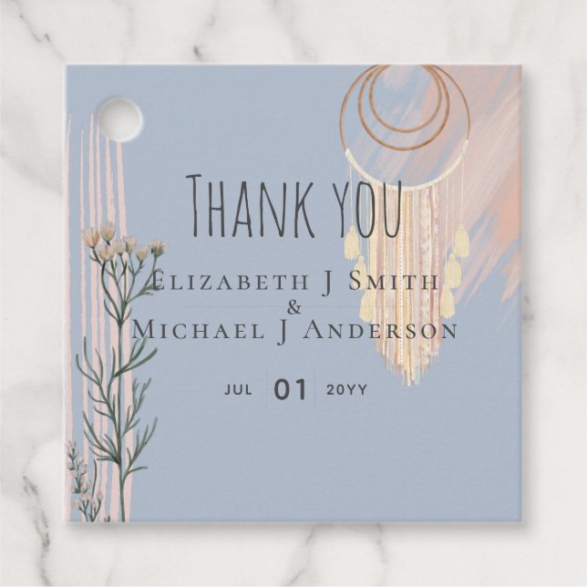 BOHO Bröllop Dusty Blue Peach Dream Catcher Gåvor Etiketter (Framsida)