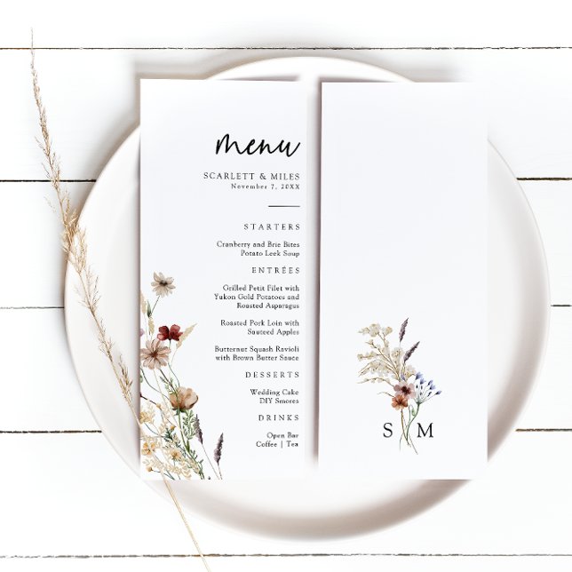 Boho Bröllop Menu Meny (White Wildflower Boho Wedding Menu with Monogram by Painted Paperie
)