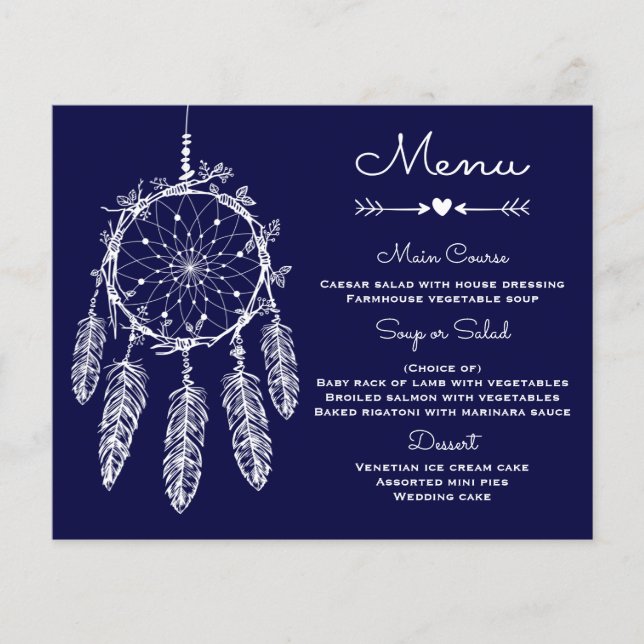 Boho Bröllop Menu Navy Blue Dream Catcher (Framsida)