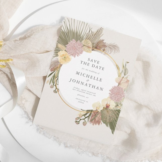 Boho Bröllop Pampas Grass Handflatan Orchid Blommi Spara Datumet (Skapare uppladdad)