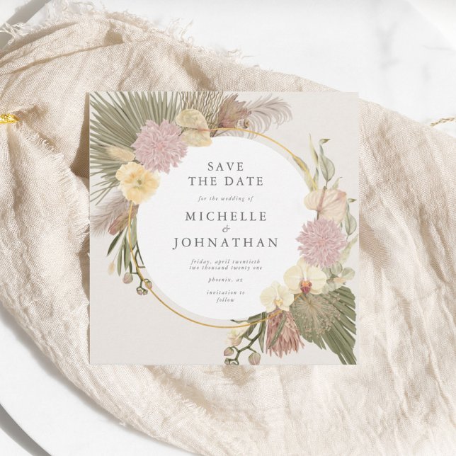 Boho Bröllop Pampas Grass Handflatan Orchid Spara Datumet (Boho wedding save the date invitation)