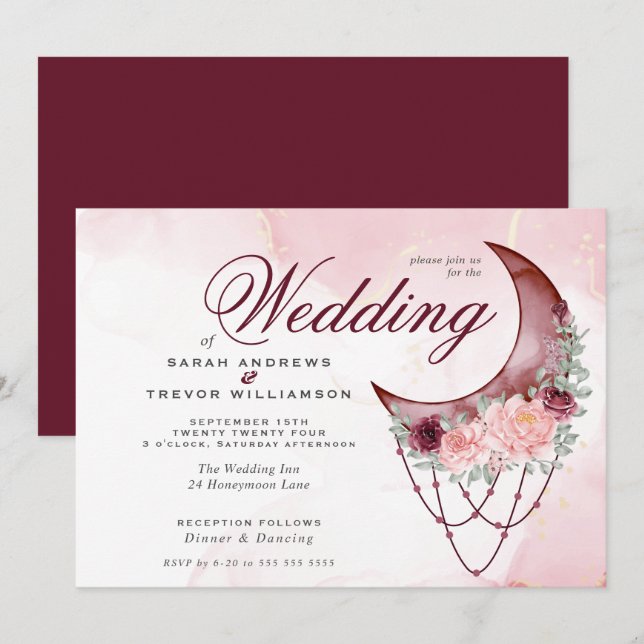 Boho Bröllop Rosa Crescent Måne Mandala Inbjudningar (Fram/baksida)