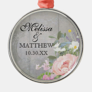 Boho Bröllop Rustic Blommigt Peony Daisy Wood Namn Julgransprydnad Metall