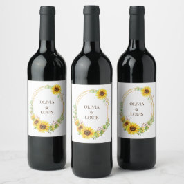 Boho bröllop sommmertime sunblommor frand vinflaska etikett