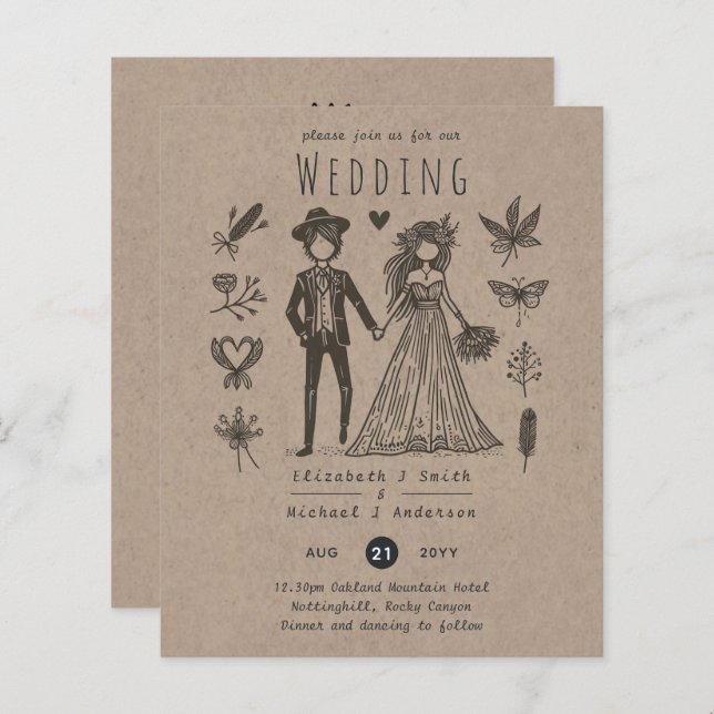 Boho Bröllop Tecknad Bride Groom Handdragen ur  (Fram/baksida)