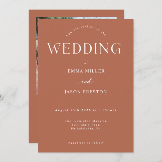 Boho bröllop terrakotta med foto inbjudan (Fram/baksida)