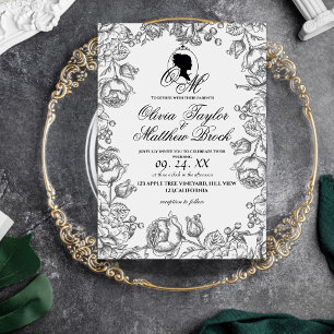 Boho Bröllop White och Black Script Castle Bröllop Inbjudningar
