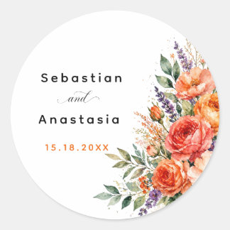 Boho Bröllopsdekal Orange Rosor Blommig Trädgård Runt Klistermärke