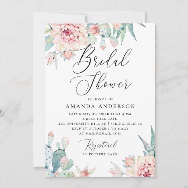 Boho bröllopsdusch | Akvarell Kaktus Blommor Inbjudningar (Framsida)