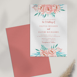 Boho bröllopsinbjudan med persika och rosa blommor inbjudningar
