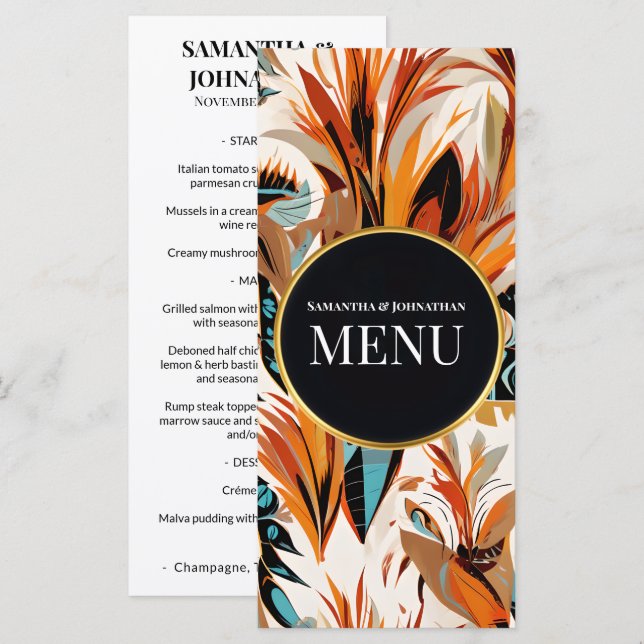 Boho Bröllopsmeny Kort Tropisk Blommig Terrakotta (Fram/baksida)