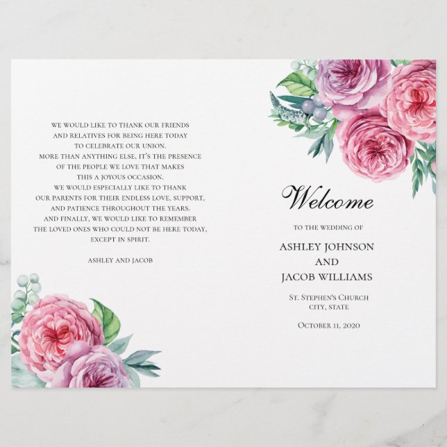 Boho-bröllopsprogrammet viks. Sommarblommor rosa (Framsida)