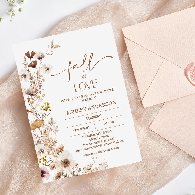 Boho Brown Beige Fall Blommigt Möhippa Inbjudningar (Fall Floral Bridal Shower Invitation, Fall in Love Bridal Shower Invite, Wildflowers Bridal Shower)