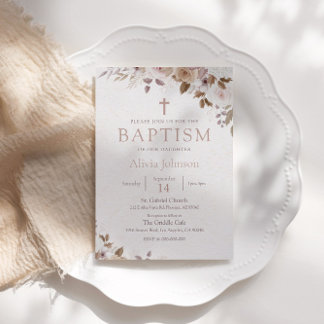 Boho Brown Blommigt Baptism Christening Inbjudningar
