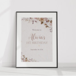 Boho Brown Blommigt Birthday Poster