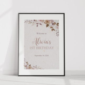 Boho Brown Blommigt Birthday Poster