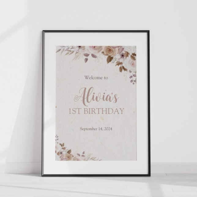 Boho Brown Blommigt Birthday Poster (Skapare uppladdad)
