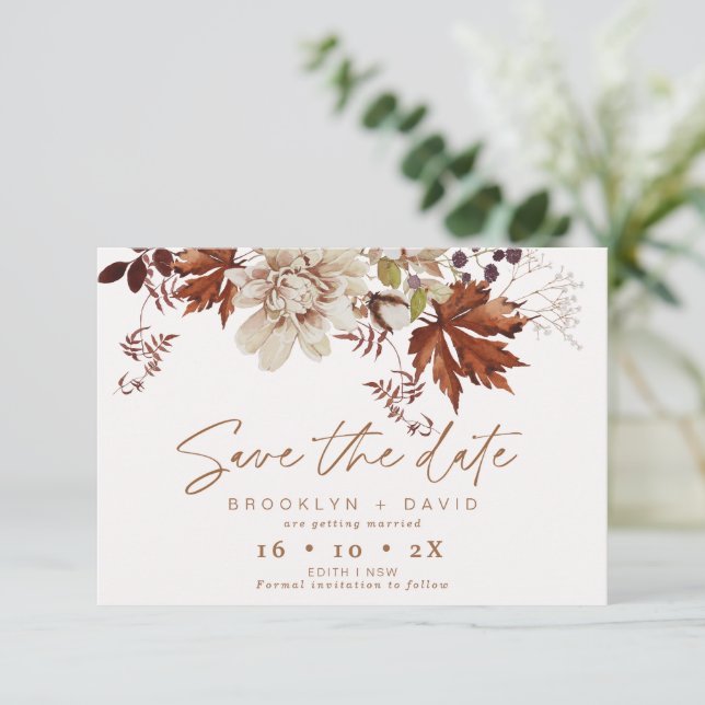 Boho Brown Fall Blommigt Bröllop spara datum Card Inbjudningar (Stående Fram)