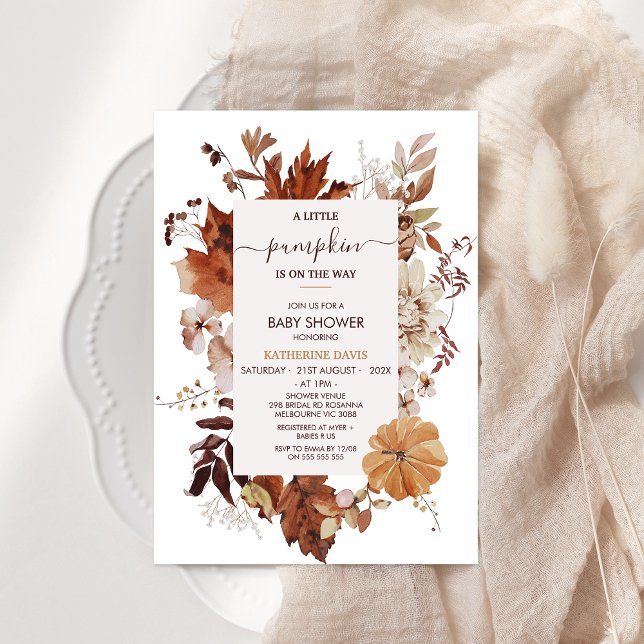 Boho Brown Fall Little Pumpkin Baby Shower Inbjudningar (Rustic Fall Baby Shower Invitation Template, Pumpkin Baby Shower Invitation Gender Neural, Boho)
