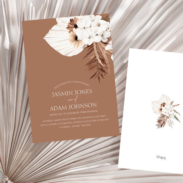 Boho Brown Pampas Grass Orchid Bröllop Inbjudningar (Boho Terracotta Brown Pampas Grass Floral Wedding Invitation)