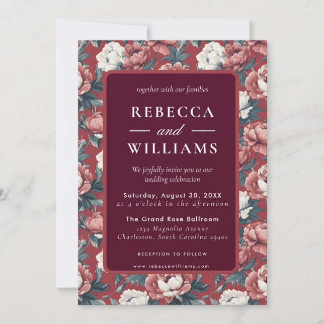 Boho Brown  Peonies Spring Wedding Invitation Inbjudningar (Framsida)