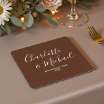 Boho Brown Script Minimalist Wedding Underlägg Papper Kvadrat<br><div class="desc">Add a personalized touch to your wedding decor with our Boho Brown Script Minimalist Wedding Square Paper Coasters! These coasters can be customized with the names of the bride and groom,  along with the date of the wedding.</div>