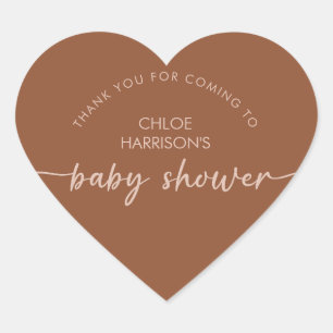 Boho Brown Terracotta Beige Script Baby Shower Hjärtformat Klistermärke
