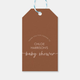 Boho Brown Terracotta Beige Script Baby Shower Presentetikett