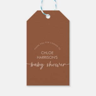 Boho Brown Terracotta Beige Script Baby Shower Presentetikett