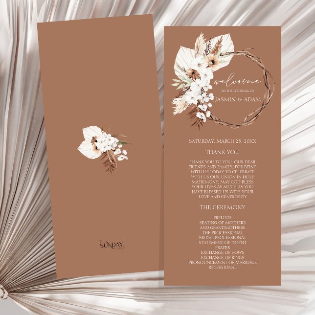 Boho Brown Torkad Blommigt Bröllopsprogram av ande (Boho Terracotta Floral Wreath Wedding Program)