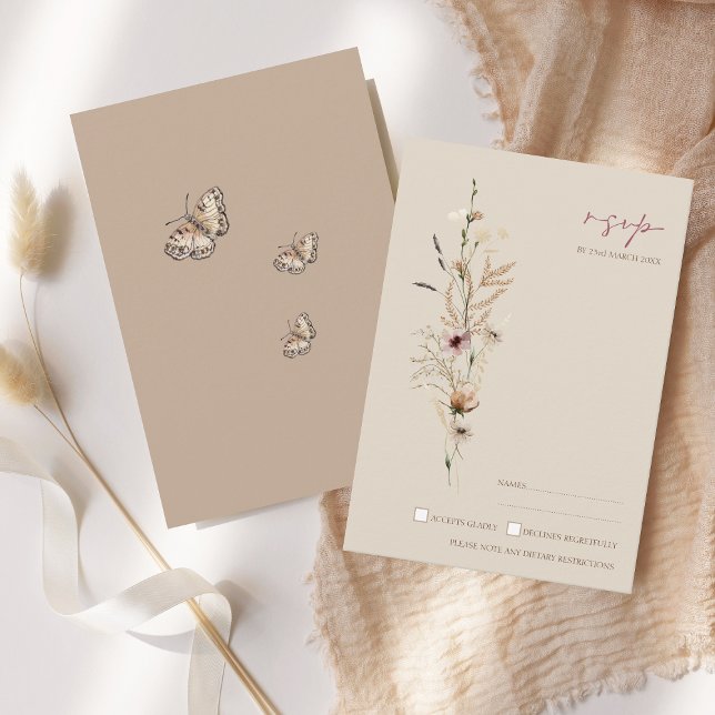 Boho Brown Wildblommor och Butterflies Bröllop OSA Kort (Boho Brown Wildflowers and Butterflies Wedding RSVP Card)