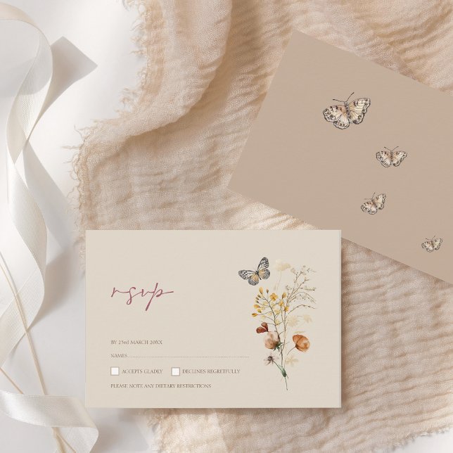 Boho Brown Wildblommor och Butterflies Bröllop OSA Kort (Boho Brown Wildflowers and Butterflies Wedding RSVP Card)