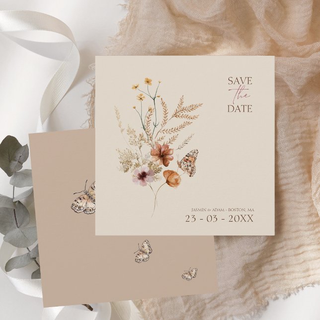 Boho Brown Wildblommor och Butterflies Bröllop Spara Datumet (Boho Brown Wildflowers and Butterflies Wedding Save The Date)