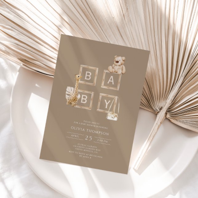 Boho Brown Wood Block Brev Baby Shower Inbjudningar (Skapare uppladdad)