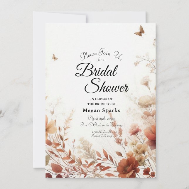 Boho Browns with Butterflies Floral Bridal Shower Inbjudningar (Framsida)